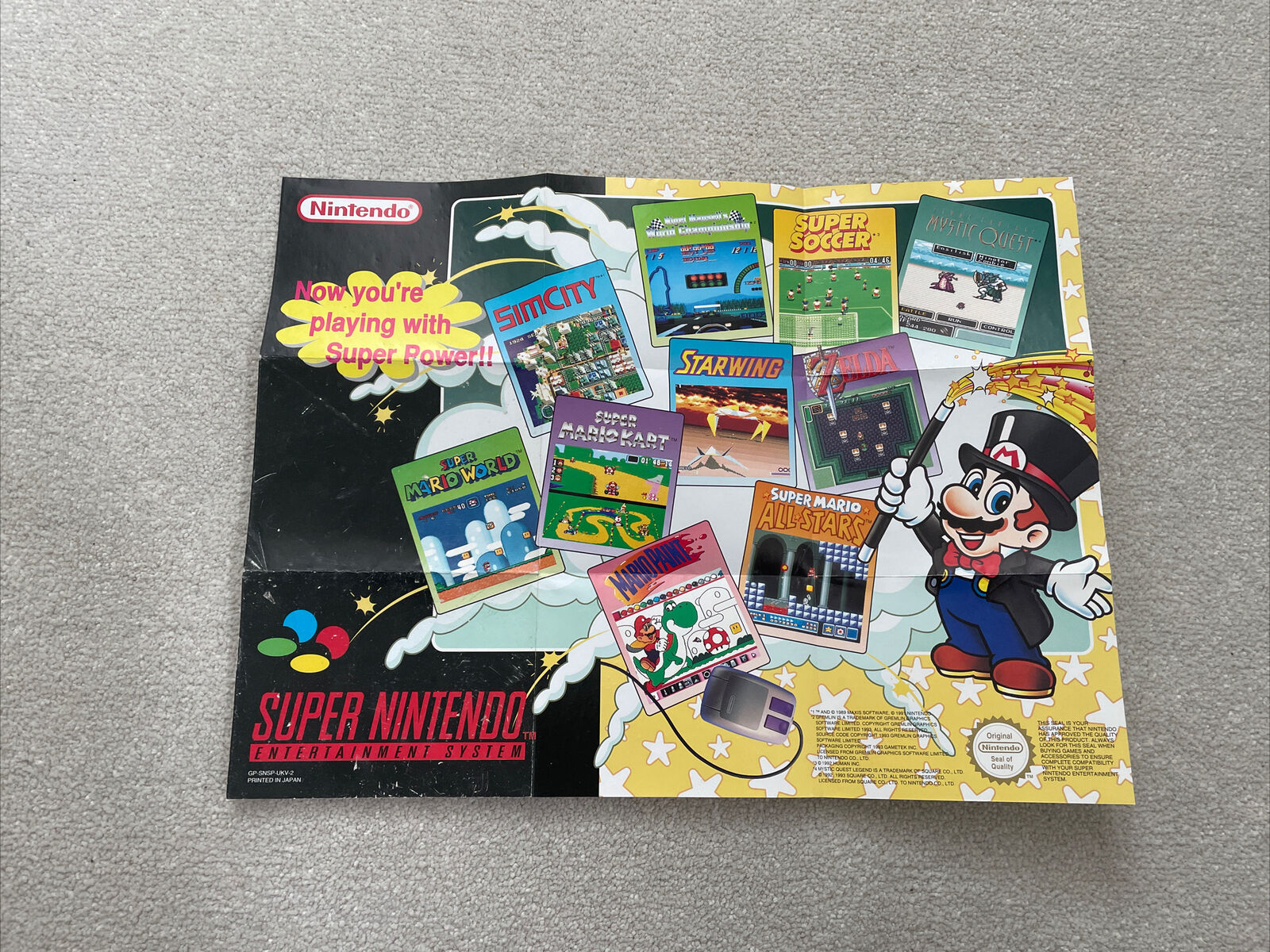 1993 inserto/póster vintage de Mario Super Nintendo para SNES