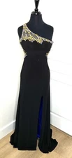CAMILLE LA VIE Black Beaded Embellished Hi-Slit One Shoulder Gown 2 MAC DUGGAL