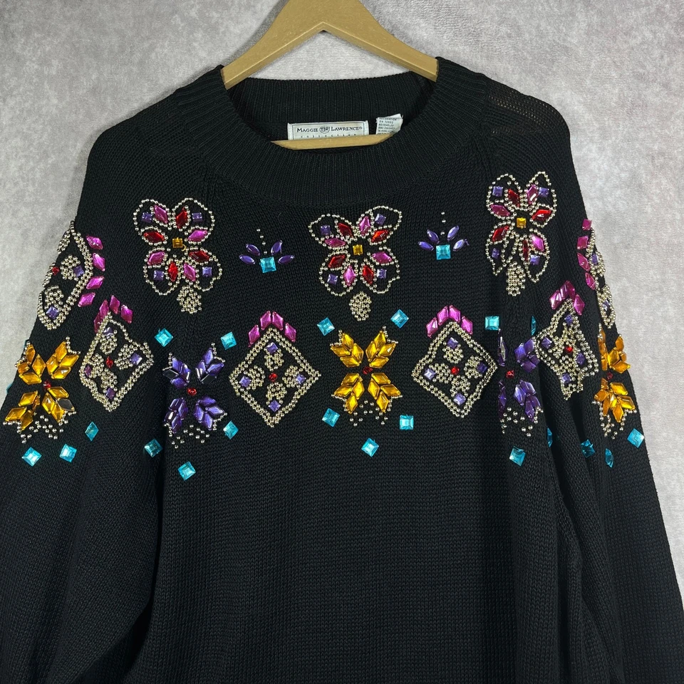 Vintage Maggie Lawrence Sweater Dress 18/20 Black 80s Jeweled Whimisgoth Glam - Image 2 of 4