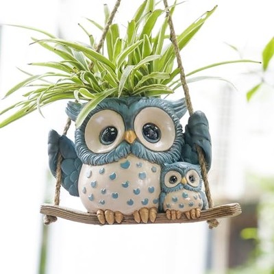 Swing Owl Hanging Planters for Indoor Plants, Cute Small Succulent Pots Blue-2