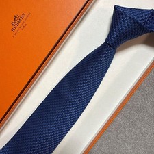 Hermes Navy Blue H Pattern Silk Jacquard Tie Used Great Condition