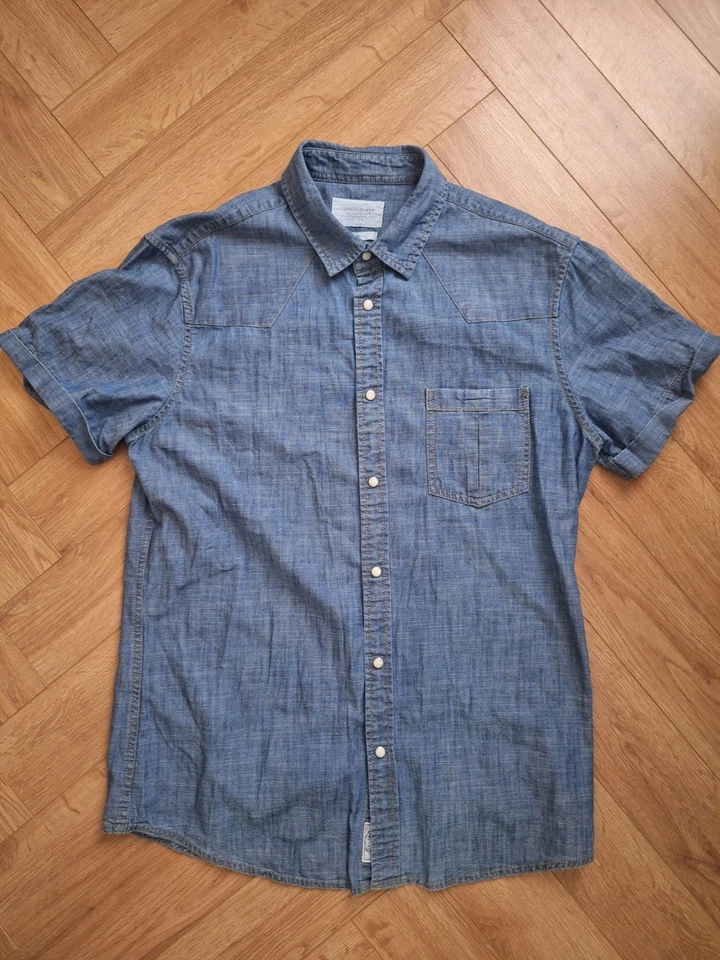 Mens Esprit Blue Denim Short Sleeve Shirt Size Large Pearl Snap Buttons - Image 2 of 4