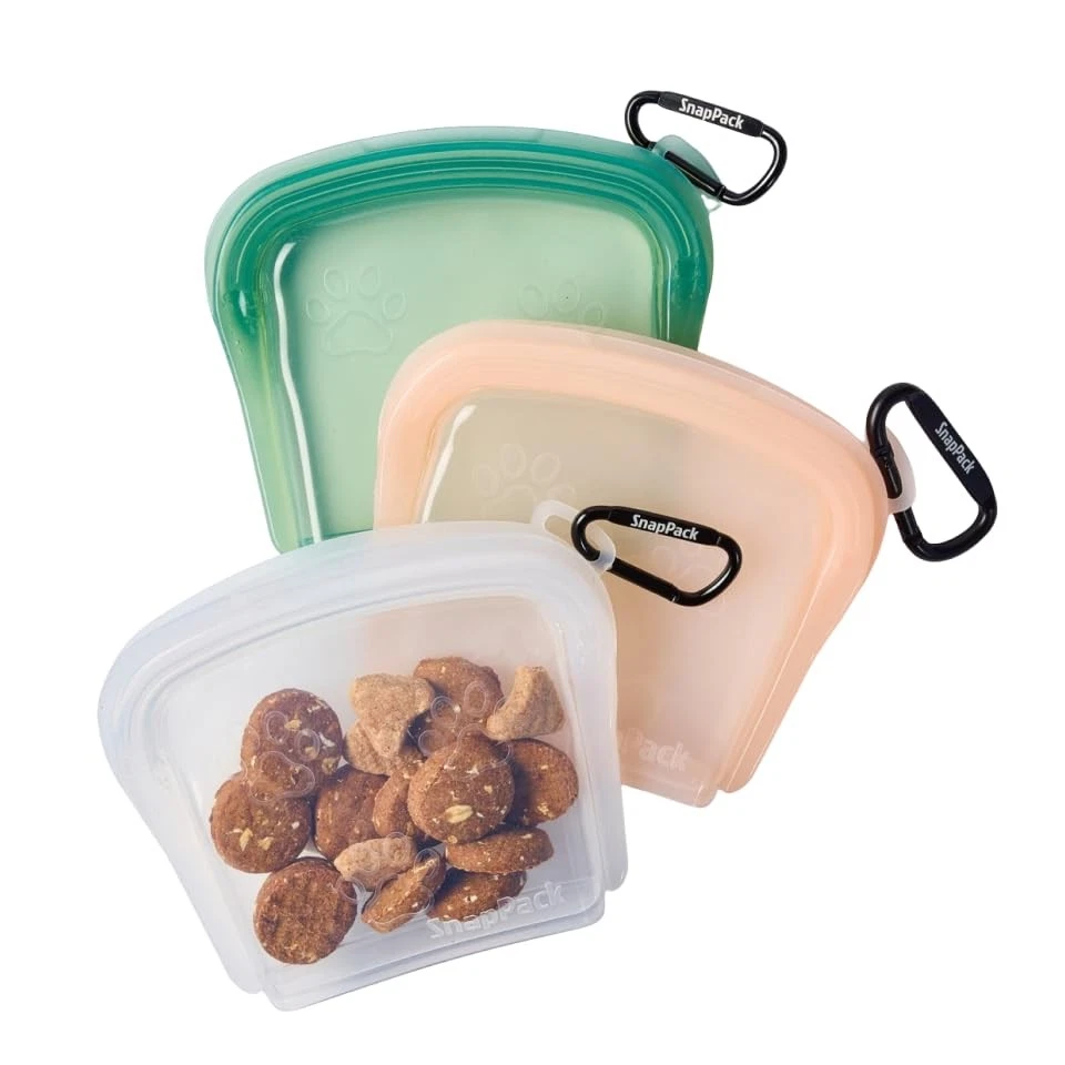 SnapPack Treat Pouch – 3-Pack Reusable Silicone Bags for Dogs & Cats | Peach,...
