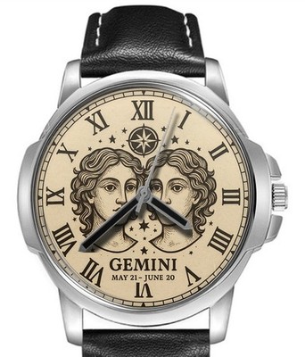 Sternzeichen Zwillinge Lederarmband großes Zifferblatt Armbanduhr