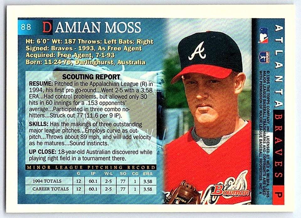 1995 Bowman Damian Moss Rookie Atlanta Braves #88 - Image 2 of 2
