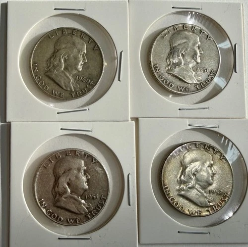 1960-D, 1951-P, 1951-D, 1952-P Ben Franklin 90% SILVER HALF VF Lot Of 4