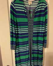 Donna Morgan Womens Dress Size 12 Blue Striped Shift Above Knee 3/4 Sleeve