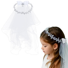 Girl First Communion Veil Flower Crown Veil with Bow Cross White Lace Floral Hea