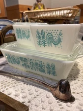 Vintage Pyrex Butterprint Refrigerator Dishes – Turquoise on White – 3-Piece Set