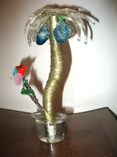 Vintage Hand Blown Glass Palm Tree Sculpture, Murano Style Lampwork Flowers