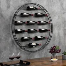 12 Bottle Modern Black Metal Round Wall Mounted Wine Display Rack