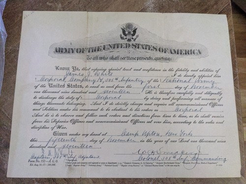 1917 Ernennungsurkunde der US-Armee zum Corporal