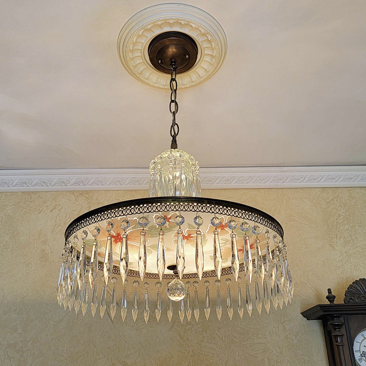 409c Antique Vintage 1940's Ceiling Lamp Fixture Glass Chandelier