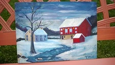 Original "LATE WINTER/" Oil Painting Primitive Naive Style Artist Signed , Board