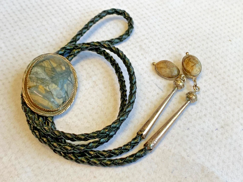 Ювелирные изделия из стерлингового серебра галстук-боло 34 дюйма овальный мрамор серые камни *ЧИТАЙТЕ* - Изображение 3 из 4