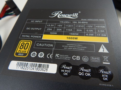 Rosewill Hercules 1600W Power Supply PSU 80 PLUS Gold w/ Wiring UNTESTED AS-IS - Picture 6 of 11