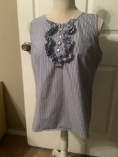 🌸Talbots Blue White Stripe Ruffle Accent Ladies Cotton Blouse Top Size M 🌸
