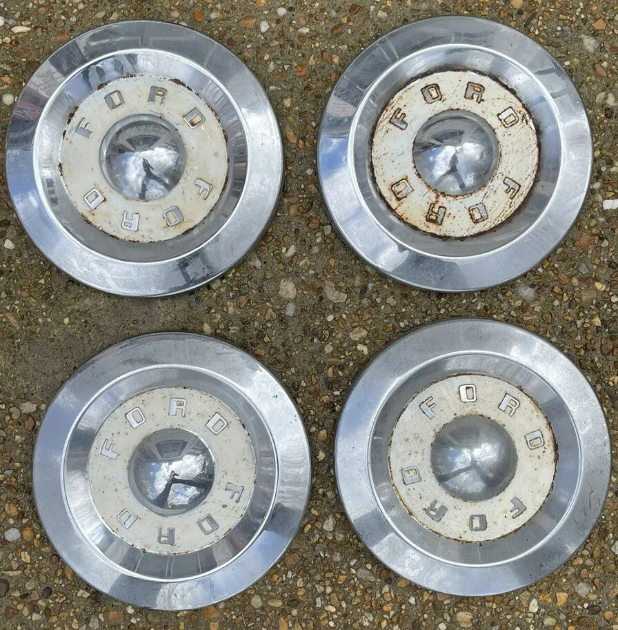 1957 1958 1959 FORD FAIRLANE RANCHERO DOG DISH HUB CAP SET, 4
