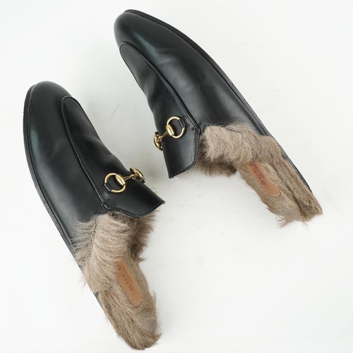 GUCCI Horsebit Princetown Slippers Flat Shoes size 37 Black Leather Gold bit - Picture 24 of 24