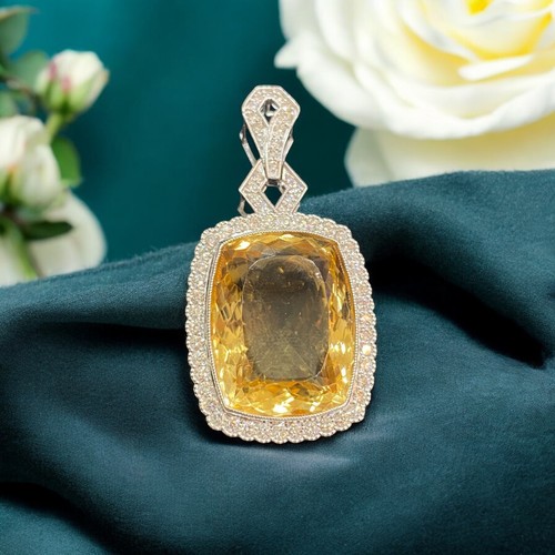 Pave 49.66 Cts Round Brilliant Cut Natural Diamonds Citrine Pendant in 18K Gold - Picture 4 of 15