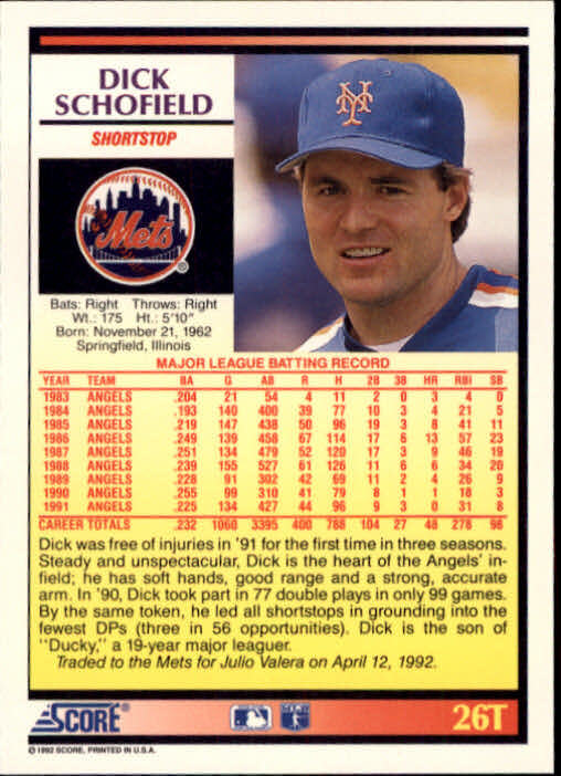 1992 Score Baseball Rookie/Traded #26T Dick Schofield New York Mets - Picture 2 of 2