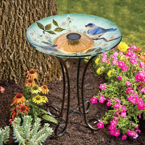 Solar Glass Bird Bath W/Stand Garden Yard Home Decor Water Fountain Display - Picture 1 of 27