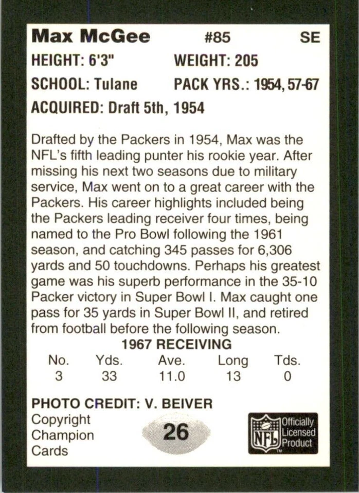 1991 Super Bowl II 25th Anniversary #26 Max McGee RARE Green Bay Packers  Tulane - Image 2 of 3