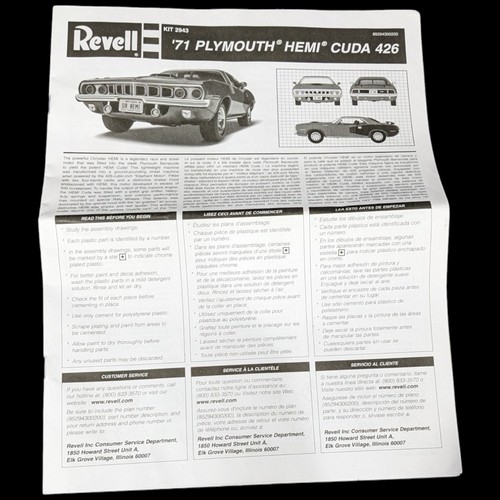 1971 Plymouth Hemi Cuda 426 Model Car Instructions Revell 71' for Kit 2943 ONLY