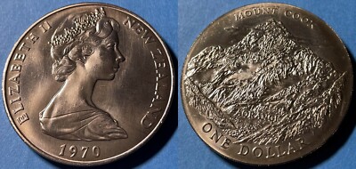 New Zealand 1970 1 Dollar Elizabeth II Mt. Cook KM-42 Copper