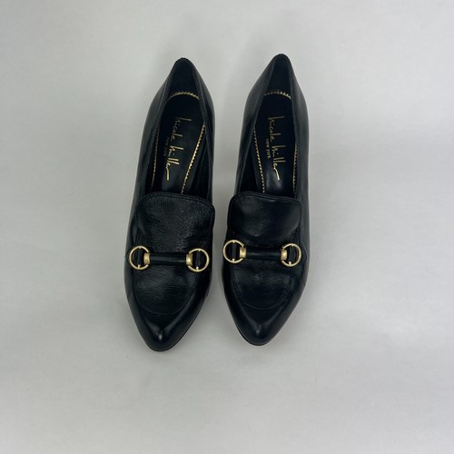 Nicole Miller Black Patent Leather Classic Loafer Dress Pumps Heels Gold 6.5B - Picture 5 of 16