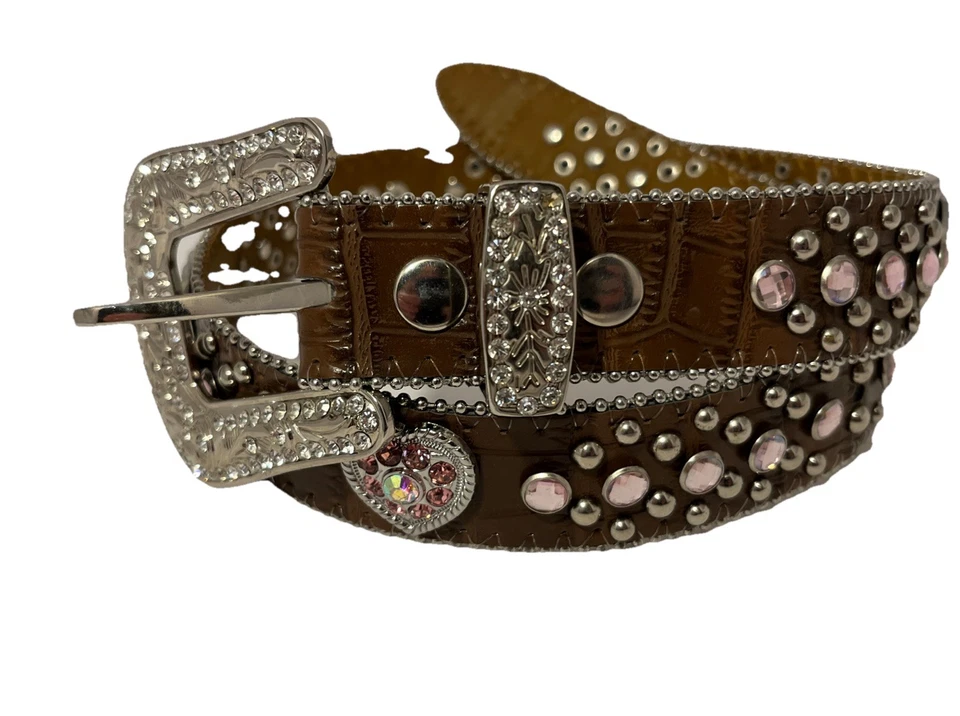 "Cinturón de cuero marrón estilo occidental ~ hebilla en tono plateado con corazones rosas talla 31""" Foto 4 de 4