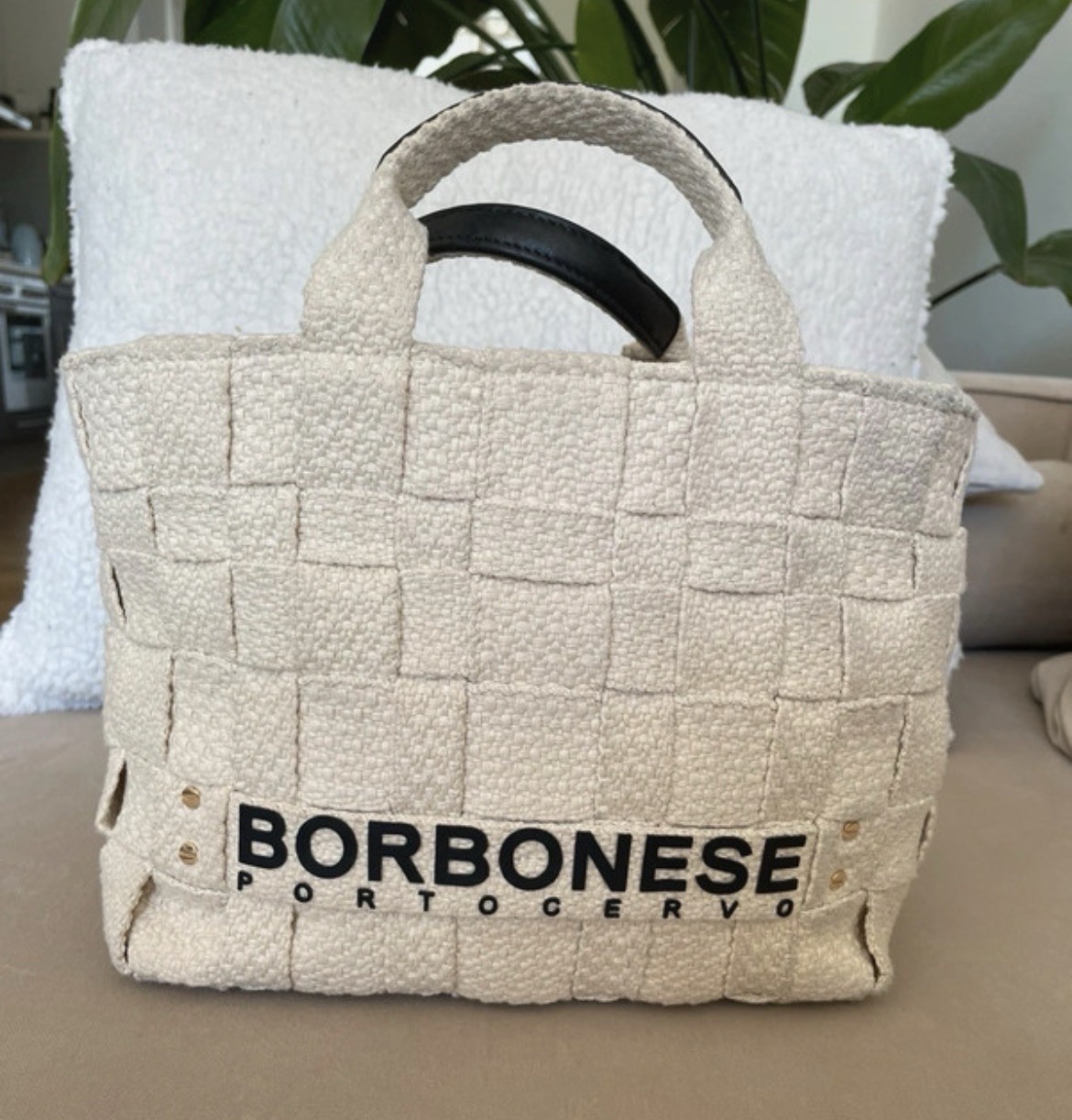 Borsa Borbonese Porto Cervo in tela intrecciata beige media