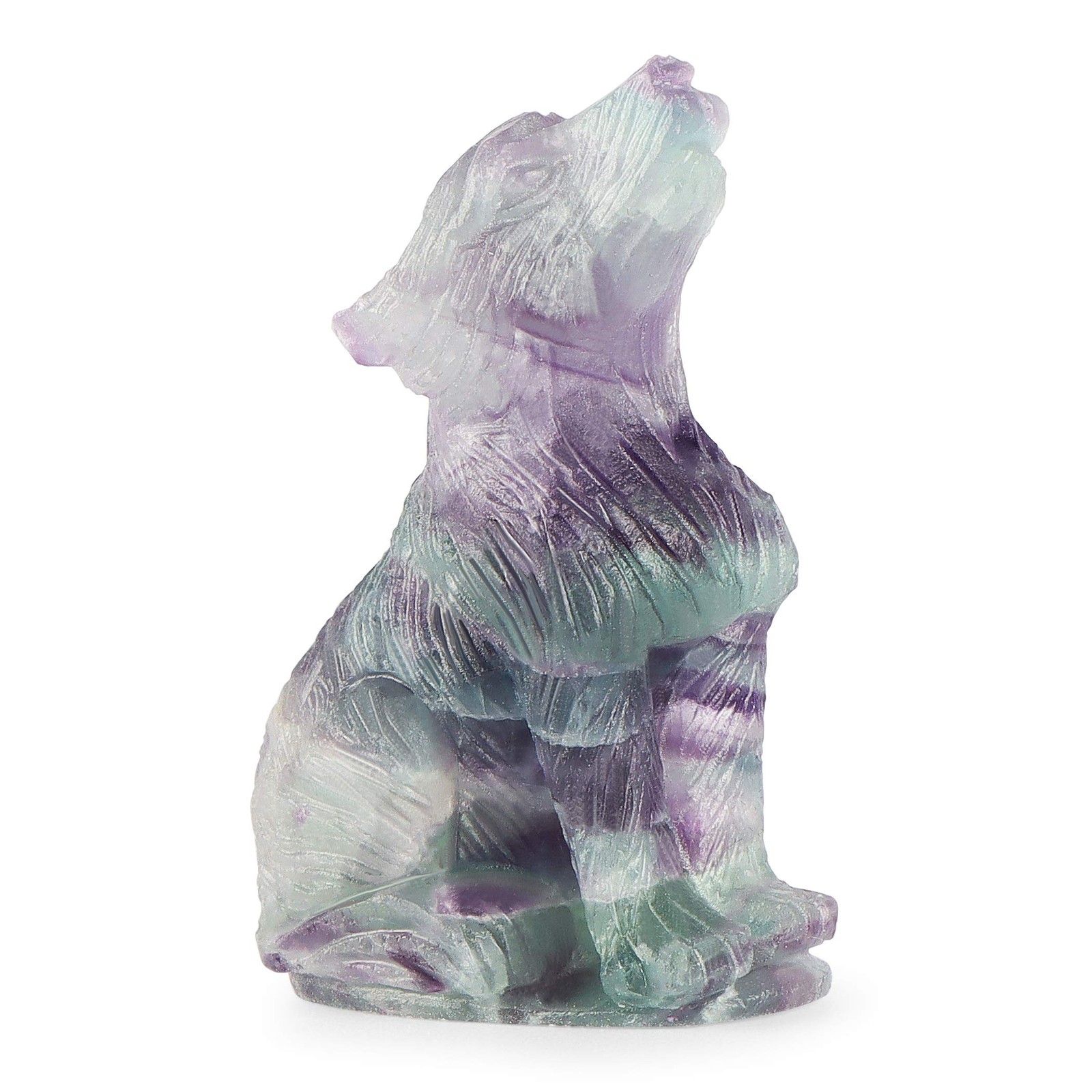 Crystal Wolf Statue Hand Carved Rainbow Fluorite Gemstone Art Piece