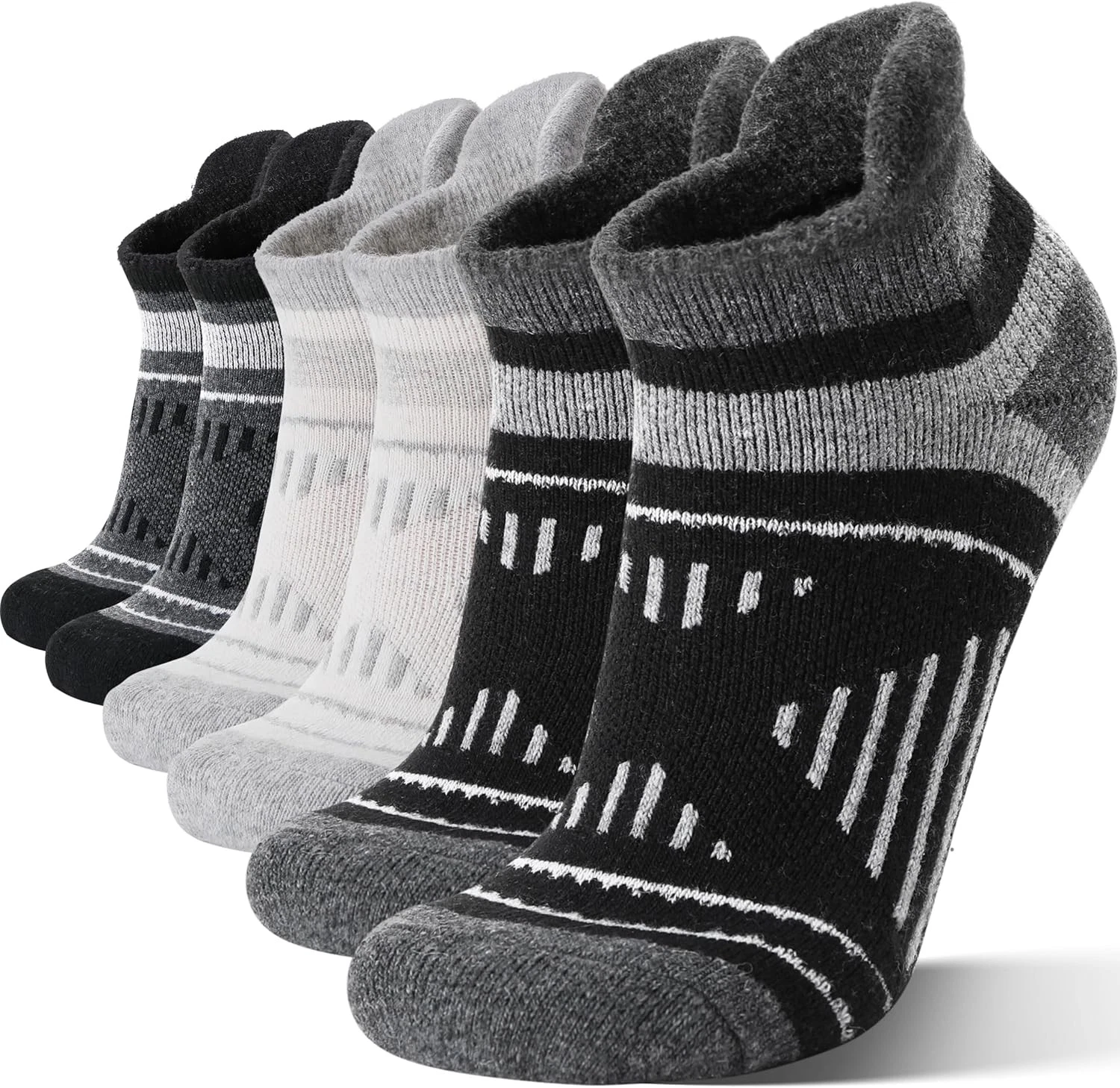 EBMORE 6 Pairs Merino Wool Ankle Hiking Running Socks Medium, Black/Ivory