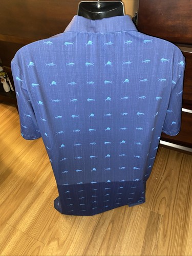 Scales Mens Golf Polo Shirt Large Fish Fishing Print Stretch Blue Short Sleeve - Picture 4 of 6