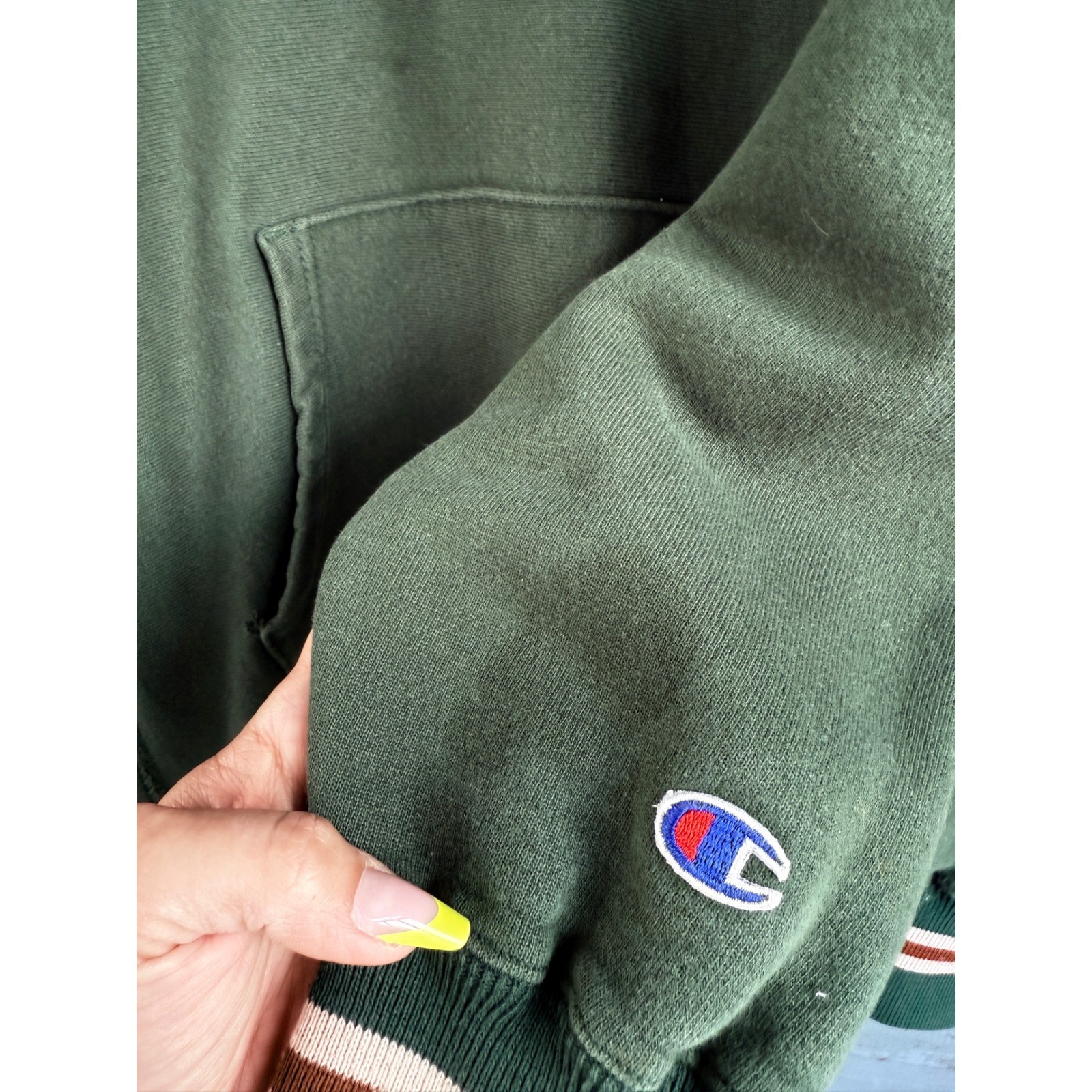 90s VTG Champion Reverse Weave Hoodie Made in USA Green Embroidered Script Rare image 7
