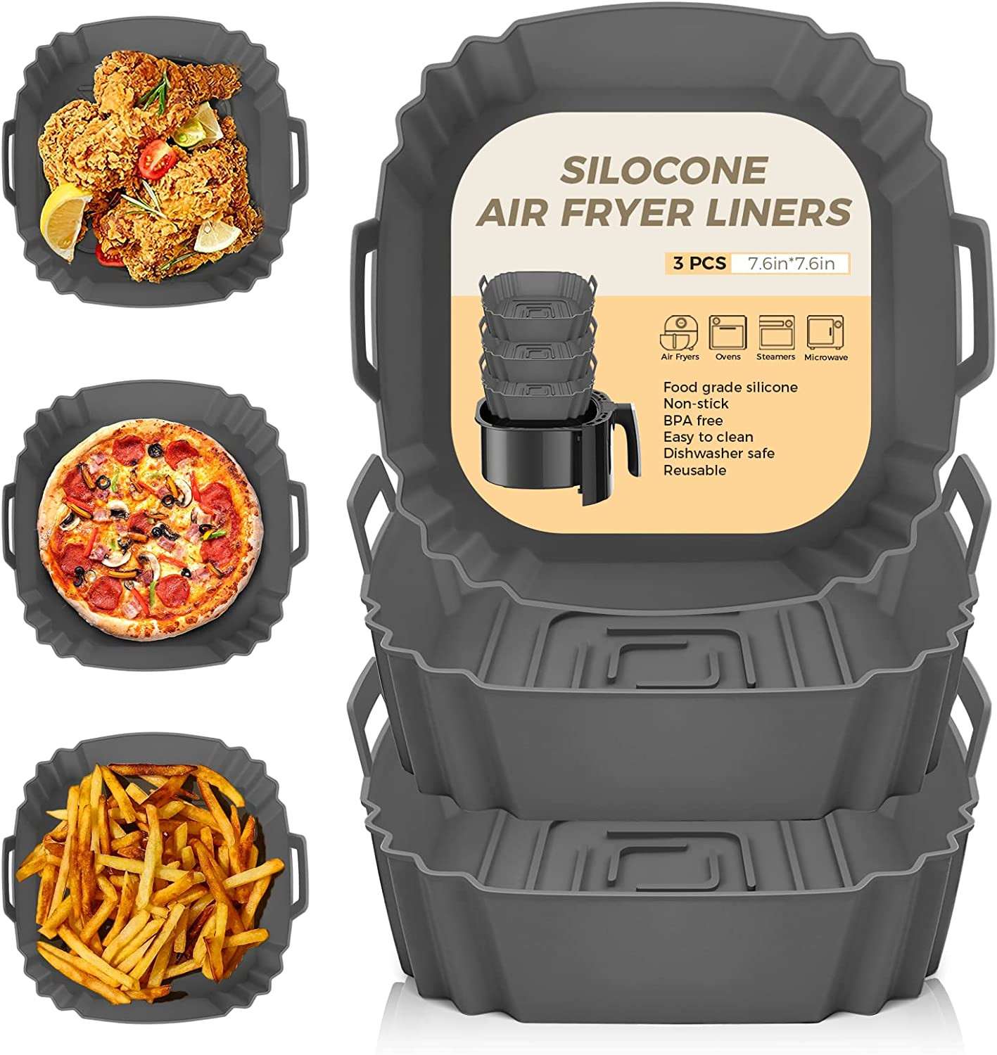 3 Pezzi Accessori Friggitrice Ad Aria, Teglia Silicone per Friggitrice Ad Aria C