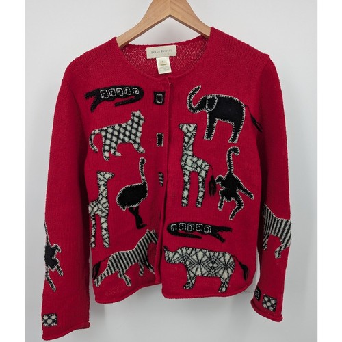 Vintage Susan Bristol Red Safari Themed Loose Knit Embroidered Cardigan Size S - Picture 1 of 5
