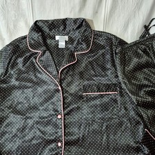 VTG Cabernet Sleepwear Black Pink Polka Dot Satin Pajama Set L Piped 2pc 90s