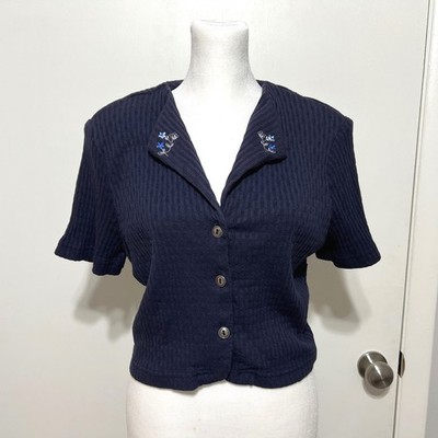 Petite Focus Vintage Ribbed Floral Embroidered Cropped Cardigan Navy Size 16