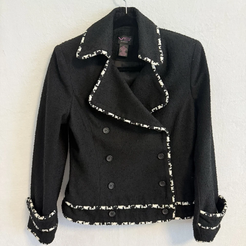 Chaqueta de tweed negra de doble botonadura VS² by Vakko para mujer 8 flecos mezcla de lana Foto 2 de 4