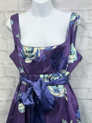 Debut Fit & Flare Skater Dress Cotton Purple Floral Sz 18 Satin Tie Cottagecore - Picture 2 of 8