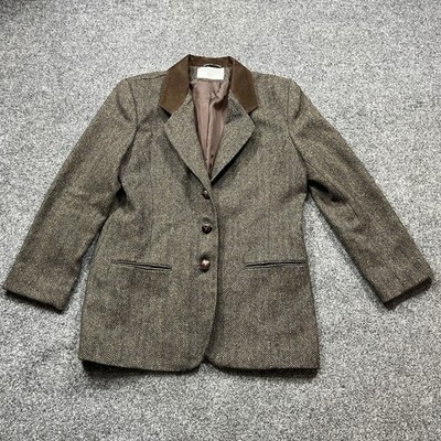 Vintage International Scene Tweed Blazer Jacket Womens Size 12 Brown Leather