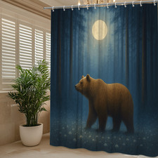 Bear Shower Curtain - Forest Moonlight Design, Nature Decor