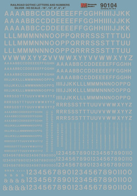 Microscale Decals 90104 HO 1/87 Railroad Gothic Letters Numbers Silver Waterslid