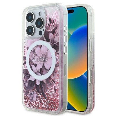 Guess für iPhone 16 Pro Magsafe Flowers Glitzer Liquid Schutzhülle Case