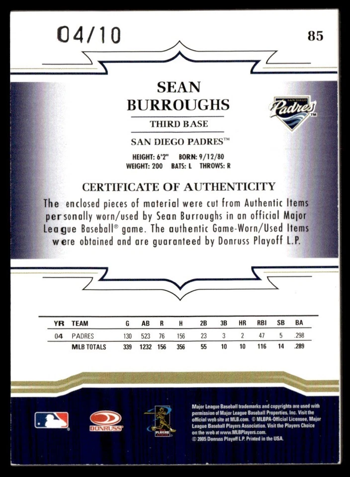 Combo de material Donruss Throwback Threads 2005 Prime Sean Burroughs 04/10 San Foto 2 de 2