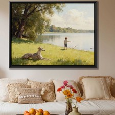 Oil Painting Dog Canvas Print Landscape Decor Pet Artwork Vintage Greyhound Art