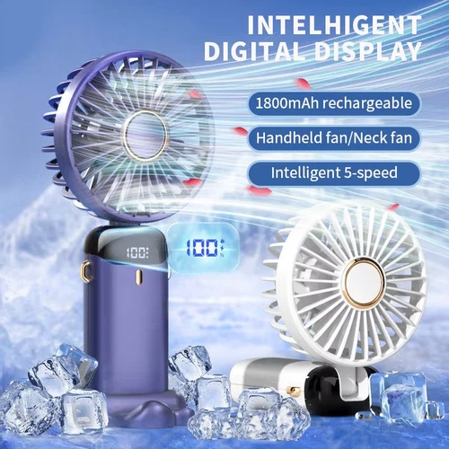 Portable Handheld Mini Fan Foldable USB Rechargeable 5 Speed Phone Stand - Picture 1 of 10