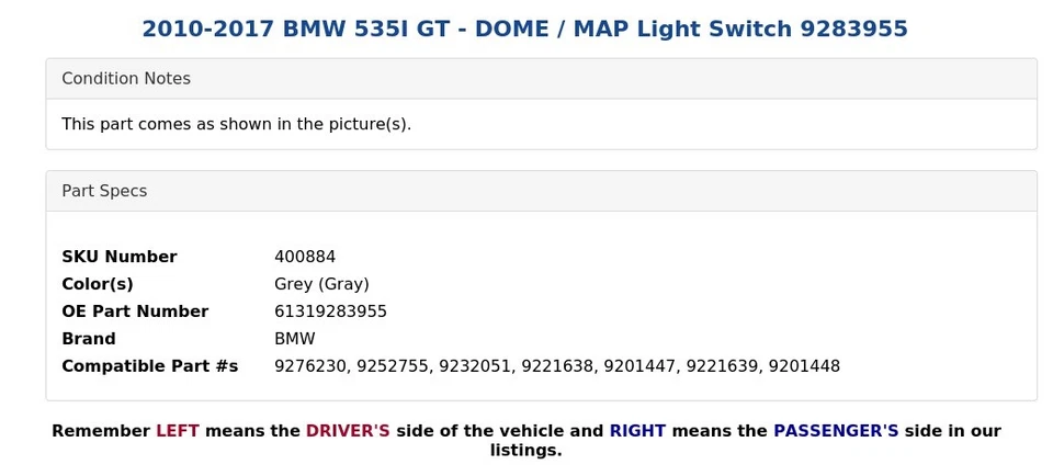 BMW 535I GT 2010-2017 - Interruptor de luz domo/mapa 9283955 Foto 3 de 3